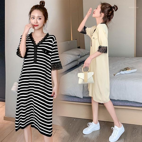 

862# maternity dress summer cotton stripe v neck short sleeve loose stylish dress for pregnant women mom1, White