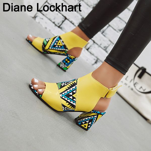 

women stylish print sandals boots peep toe buckle strap summer high heel gladiator shoes woman yellow green sandalias mujer 2019, Black