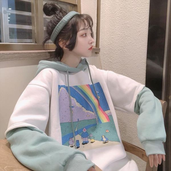 

autumn winter patchwork women hooded hoodies student casual loose sweatshirt coat oversizes cartoon print plus velvet outerwear, Black
