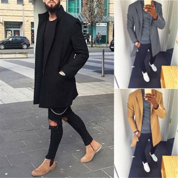 

men modis open stitch trench coat wool retro warm long overcoat slim fitness black red trench coat male outwear streetwear, Tan;black