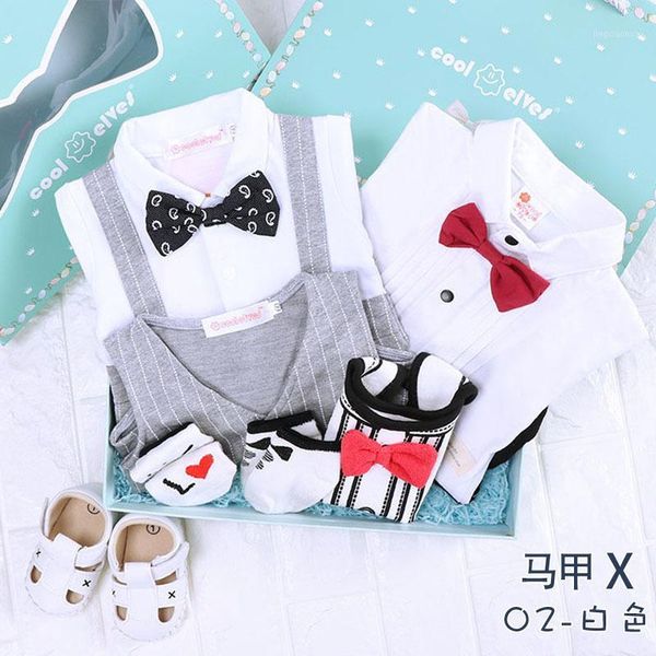 

2 sets clothes in one box newborn baby clothes cotton clothing gift summer jumpsuit kids 100 days birthday gift gentleman boy1, White