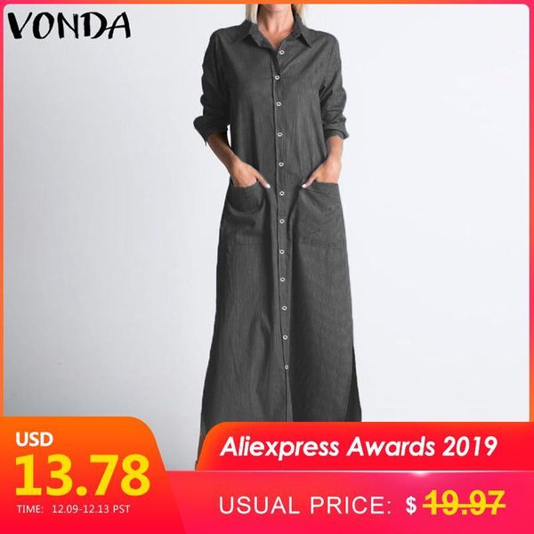 

vonda shirt dress women 2020 autumn long sleeve turn down collar long dress buttons split casual striped vestidos plus size1, Black;gray