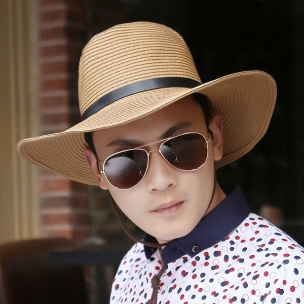 

summer man foldable straw hat outdoors cowboy hat sandy beach sun hats big head man plus size fedora hat 58cm 60cm 62cm y200110, Blue;gray