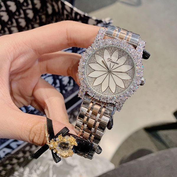 

brand designer shell face daisy flower women dress watches heavy full steel bracelet watch zircon crystals wristwatch waterproof t200420, Slivery;brown