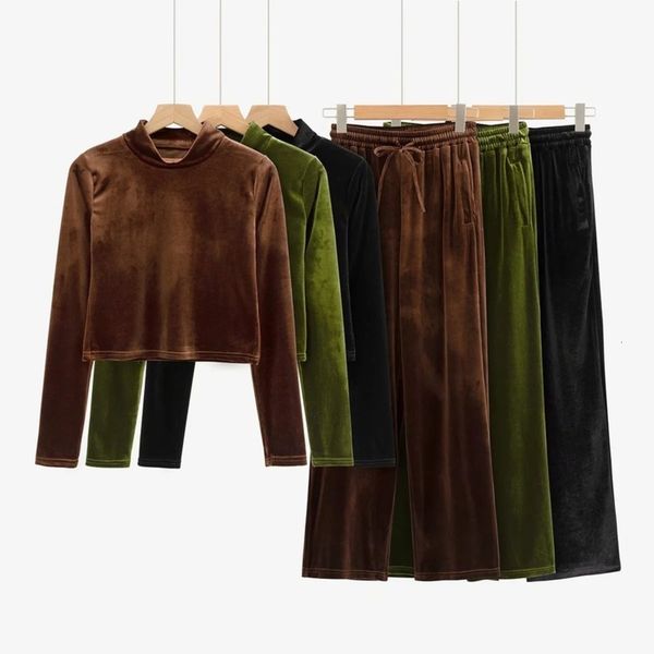 

collar high kendou's long sleeve half t-shirt with open navel bottoming shirt + casual sports pants velvet suit for women, Gray