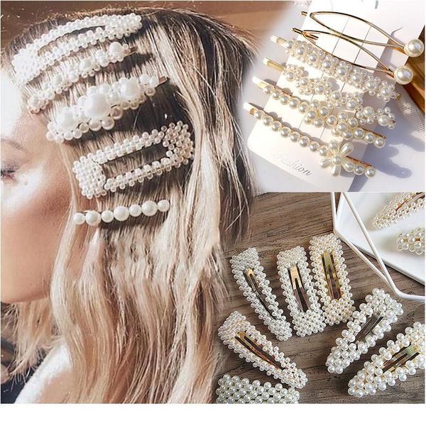

simulation pearl barrette set hair accessories for women fashion wedding jewelry gold silver bead hairpins clip girls qyltop, Black;brown