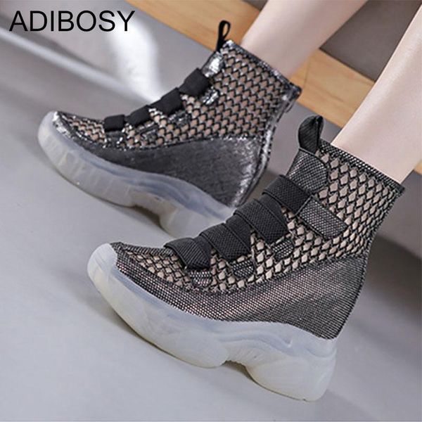 

mesh ankle boots women autumn breathable wedges zip black boots new thick bottom high platform gladiator women shoes