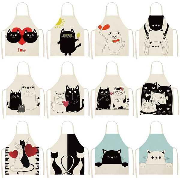 

aprons 1pcs black cat pattern cleaning colorful home cooking kitchen apron cook wear cotton linen bibs 53*65cm wql0206