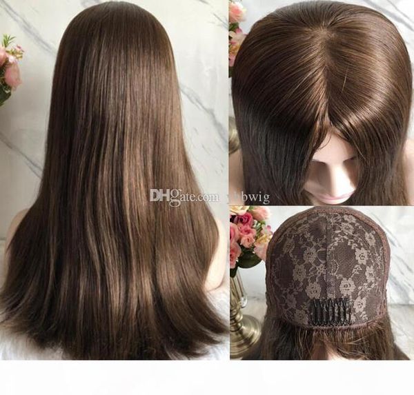 

kosher wigs 10a grade light brown color #6 finest chinese virgin human hair silky straight 4x4 silk base jewish wig fast ing, Black;brown