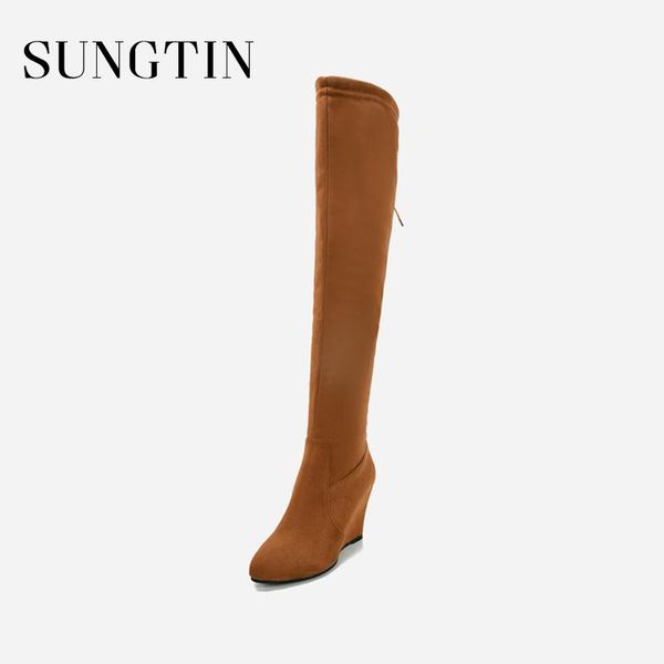 

sungtin winter plush warm women long boots wedges black grey large size over the knee boots ladies suede slim thigh high