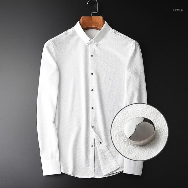 

spring men luxury wrinkle fabric long sleeve mens dress plus size 4xl youth slim fit casual white man shirt1, White;black