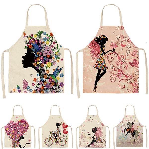 

1pcs flower butterfly girl printed kitchen aprons for women home cooking baking waist bib cotton linen pinafore 53*65cm wq0034