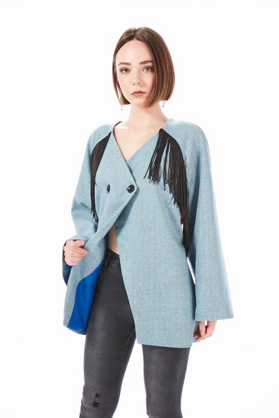 

women&women denim look blazer jacket pleated double breasted fringes, Black;brown