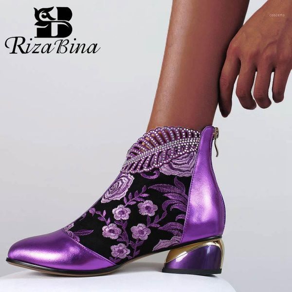 

rizabina real leather ladies ankle boots square heel shoes zipper flower rhinestone fashion footwear size 34-431, Black