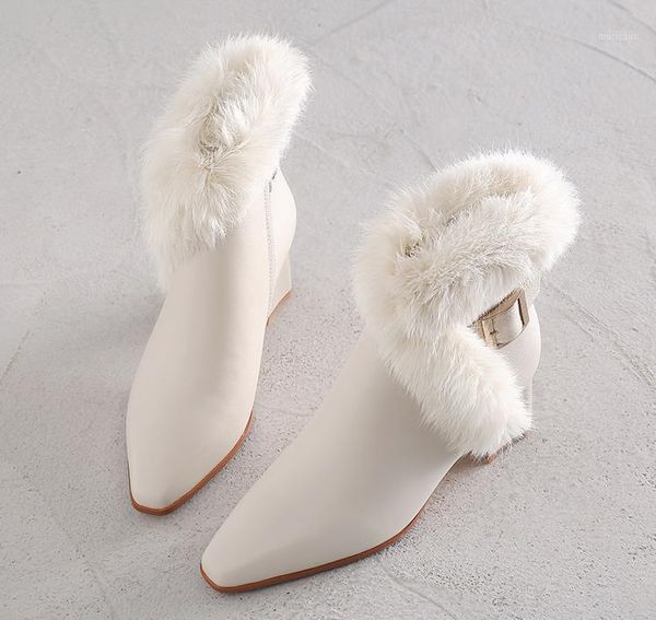 

2020 winter new leather fur boots belt buckle thick with boots plus velvet snow1, Black