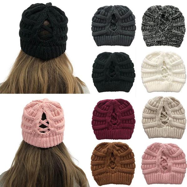 

beanies soft knit ponytail beanie winter hats for women woolen cap stretch crochet messy bun holey hat casual skullies girl caps