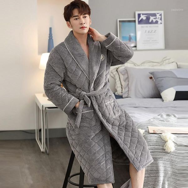 

robe warm winter bathrobe men flannel knit quilted long robe male dressing gown for men1, Black;brown