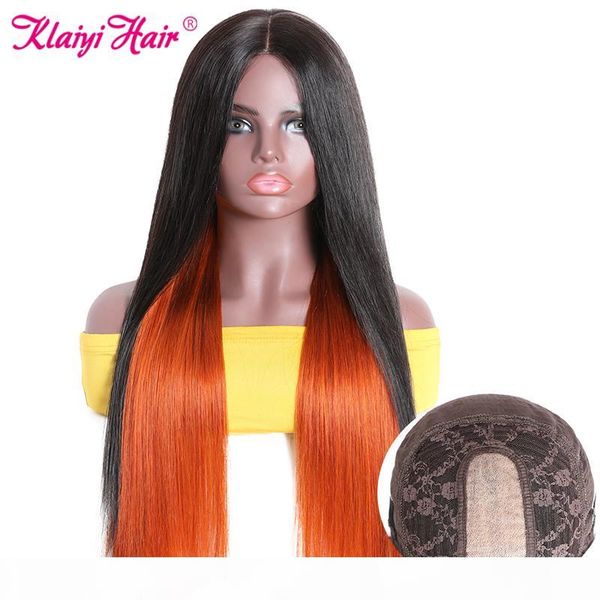 

klaiyi hair straight hair pu silk scalp wigs 4x2 inch brazilian remy ombre orange natual color 150% denisty human wig, Black;brown