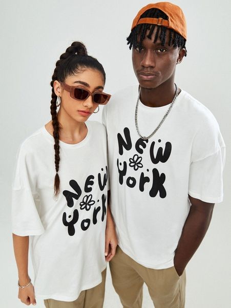 

1pc drop shoulder letter & floral pattern tee w3ql#, White;black