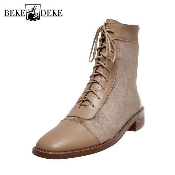 

women patchwork genuine leather ankle boots lace up block heels autumn casual shoes fashion motorcycle boots riding botas mujer, Black