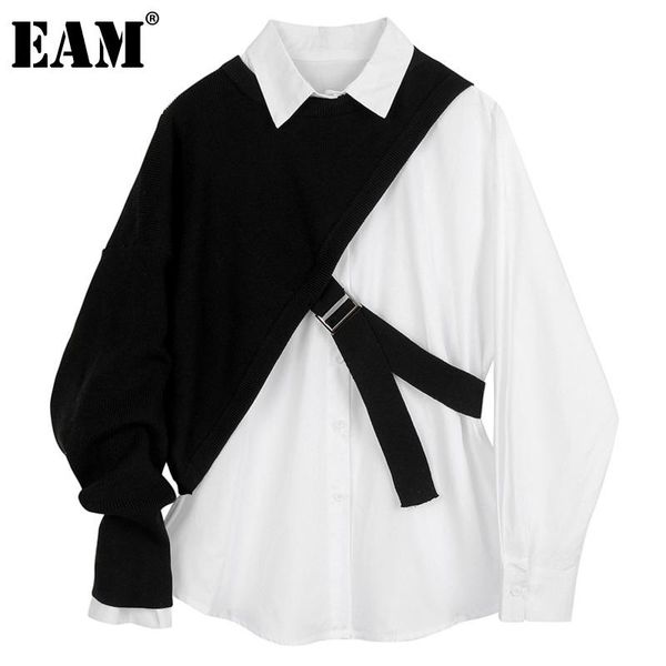 

eam] women black knitting irregular big size blouse new lapel long sleeve loose fit shirt fashion spring autumn 2020 1dc616, White