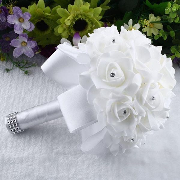 

decorative flowers & wreaths 1piece elegant custom crystal rose pearl bridal wedding bouquets beaded bridesmaid stitch artificial silk flowe
