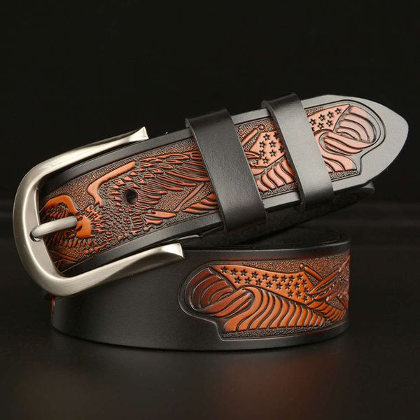 

genuine eagle carved leather men's casual pin buckle jeans belt, Black;brown