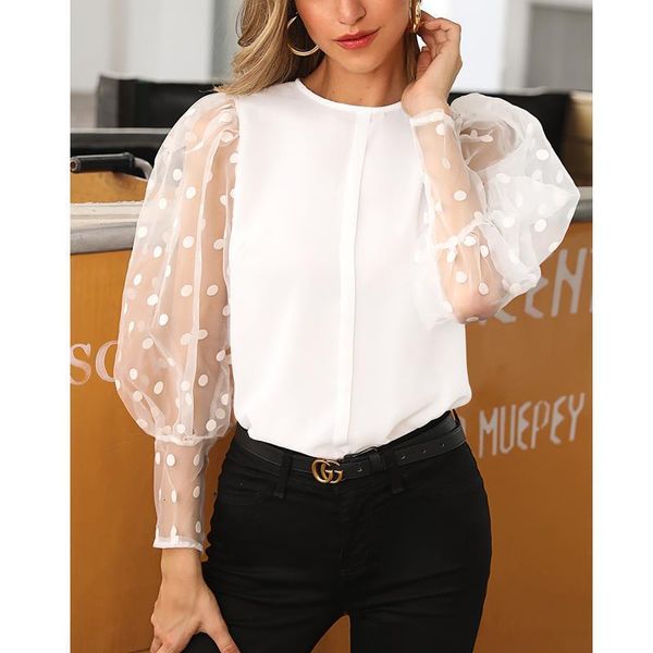 

fashion women puff long sleeve blouse dot mesh sheer see through shirt elegant slim knitted female blusa 2021, White