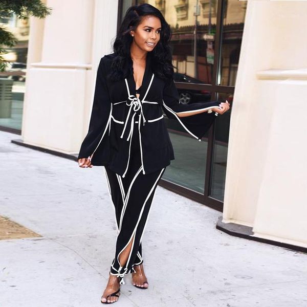 

work fashion pant suits 2 piece set for women side stripe belt blazer bat sleeve jacket & trouser office lady suit feminino 20181, White