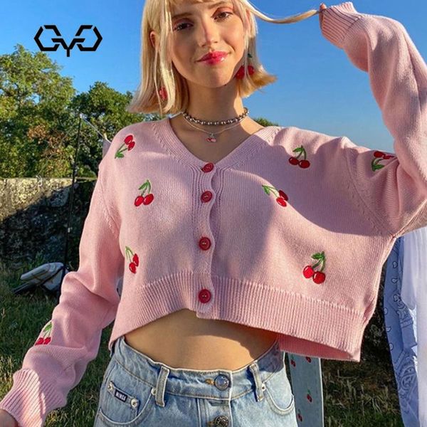 

women's knits & tees qyq cherry cropped button cardigan women cute streetwear casual vintage sweater e girl aesthetic short 2021 autumn, White