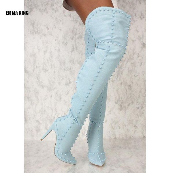 

2020 woman thigh high boots with side zip stiletto heels platform party boots rivets over the knee oversized boot shoes 35-44, Black