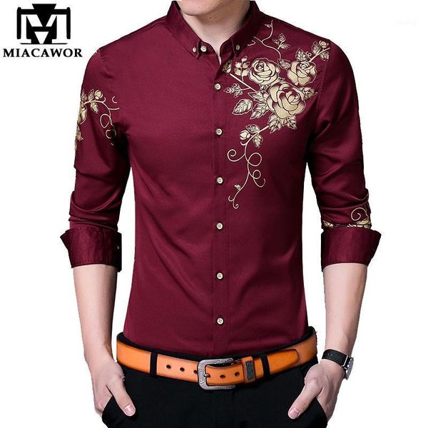 

miacawor long sleeve social shirts mens rose flower print casual shirt men button lapel shirt slim fit camisa masculina c6401, White;black