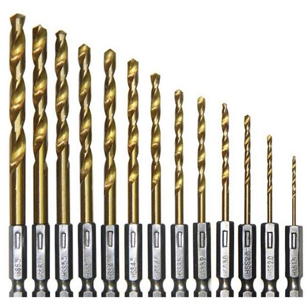 

13pcs titanium coated drill bit set 1/4 hex shank 1.5-6.5mm screwdriver twist drill bit hss high speed steel
