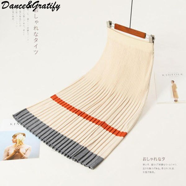 

2018 women knitted pleated skirt autumn winter color patch high waist women long skirt female ladies maxi midi saia1, Black