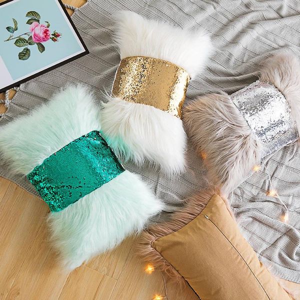 

cushion/decorative pillow sequined bow cushion cover throw cases plush furry soft velvet lumbar home decor solid nordic housse coussin