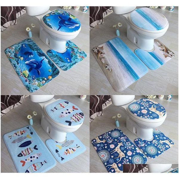 

2019 new 3 pcs bath mats ocean underwater world anti slip bathroom mat set coral fleece floor bath mats washable bathroom toilet rugs zebmd