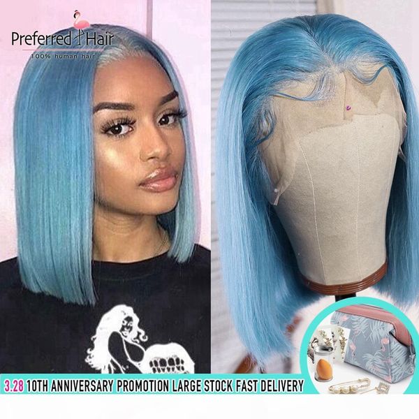 

preferred light blue wig brazilian remy purple highlight lace front wig preplucked short human hair bob wigs for black women
