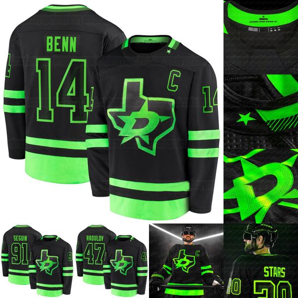 

dallas stars 2021 blackout third uniform jamie benn tyler seguin kiviranta miro heiskanen john klingberg alexander radulov perry jersey, Black;red