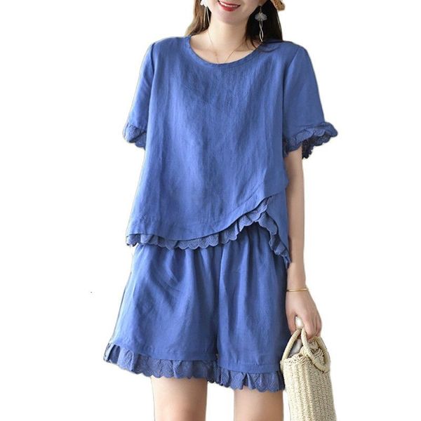 

new female fashion will see sports clothes 2021 cotton spun linen short sleeve shirt leg long women's shorts set 2 piece tqrs, White