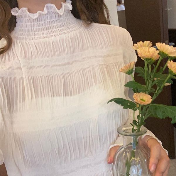 

korean pleated chiffon blouse women vintage long sleeve shirts women turtleneck blouses and blusas mujer vetement femme1, White