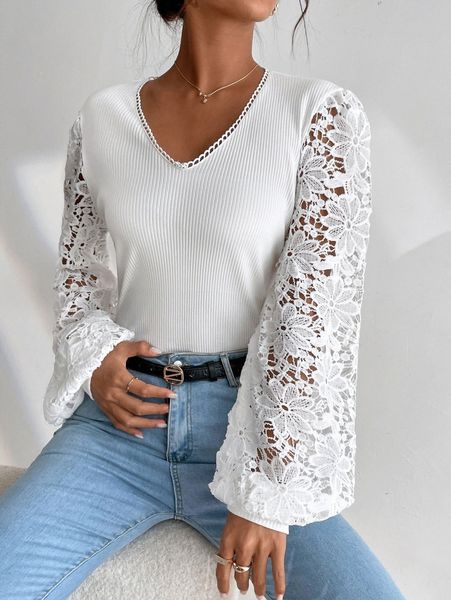 

contrast guipure lace lantern sleeve m9km#, White