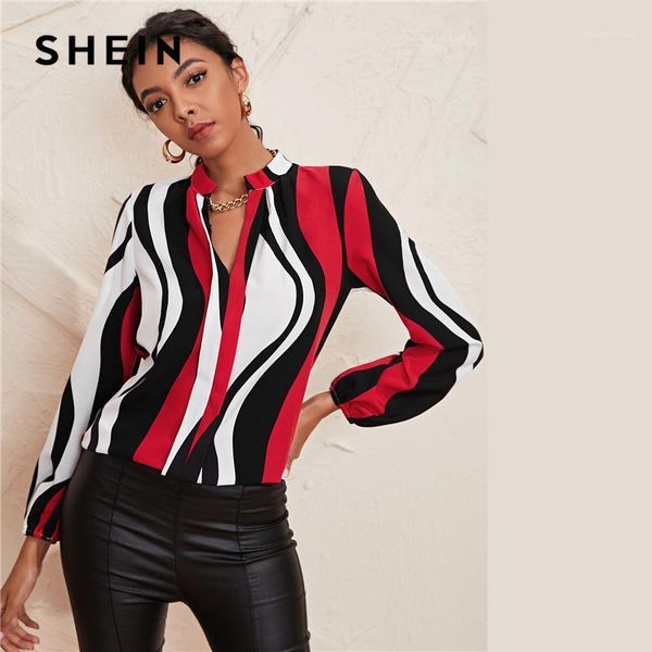 

shein multicolor striped print notched neck blouse women 2021 spring long sleeve striped office ladies blouses1, White
