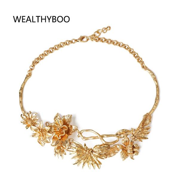 

chokers wealthyboo gorgeous flower choker necklace blooming cluster collar chunky metal clavicle chain colliers, Golden;silver