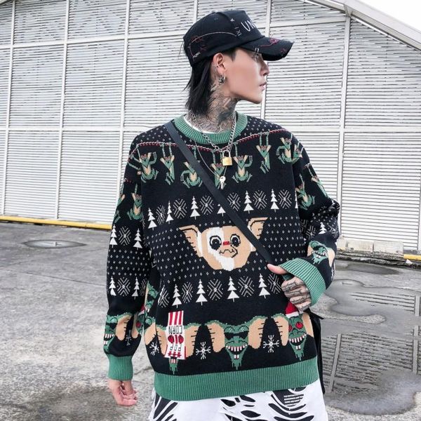 

men's sweaters seveyfan 2021 korean couple loose cartoon sweater long-sleeved street casual round neck, White;black