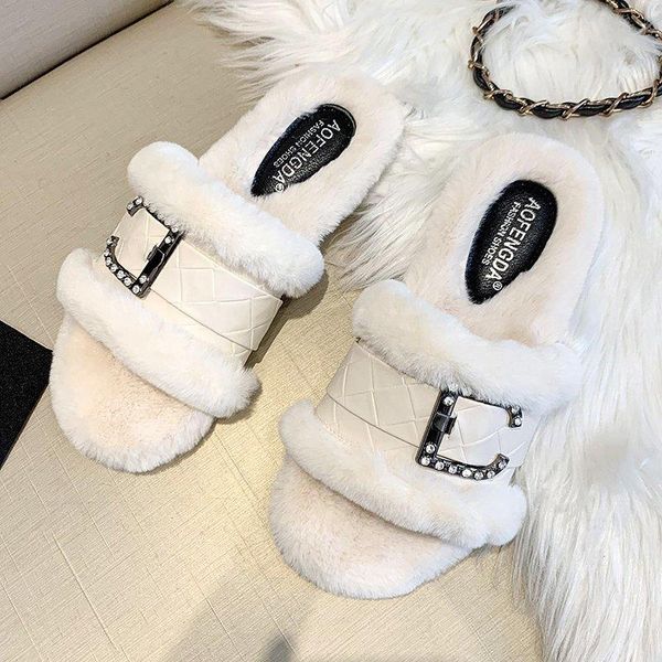 

women fur slippers non slip flat bottom home flip flops female 2020 new autumn winter wild casual outer wear plush cotton drag, Black