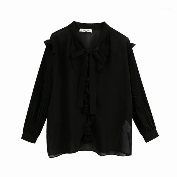 

transparent women chiffon shirt blouse summer 2020 new fashion pleated long sleeve bow collar modern lady pullover ruffle shirt1, White