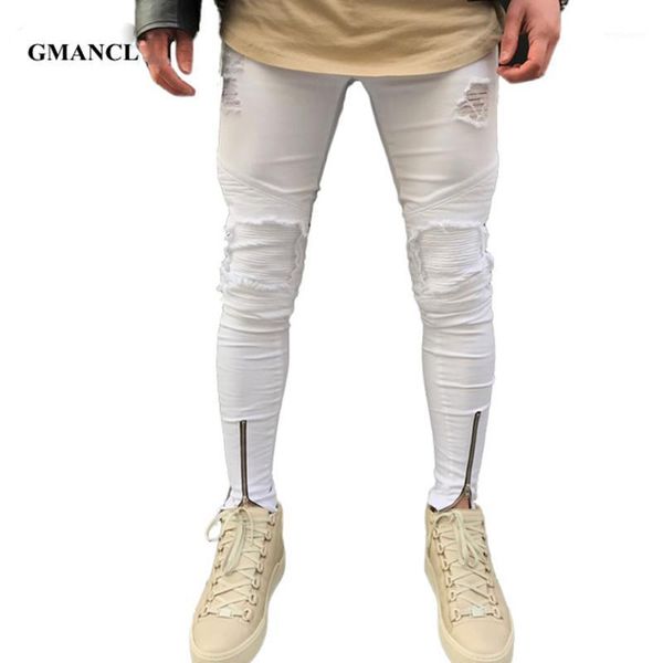 

gmancl new ripped patchwork zipper jeans men hit color white skinny jeans beggar style attrit holes pants motorcycle biker1, Blue