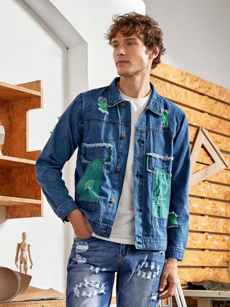 

men color-block ripped raw trim denim jacket i7zn#, Blue