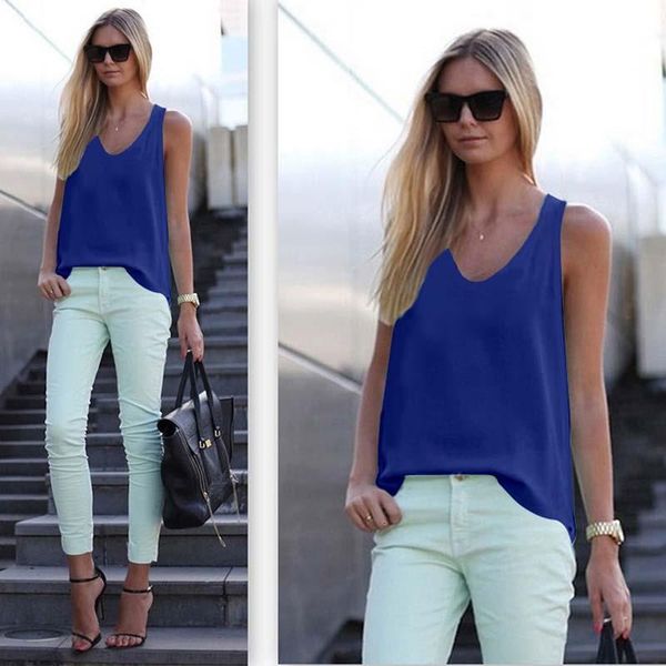 

6colors chiffon tank women summer v neck vest sleeveless loose solid ladies blouse shirts plus size s 3xl, White