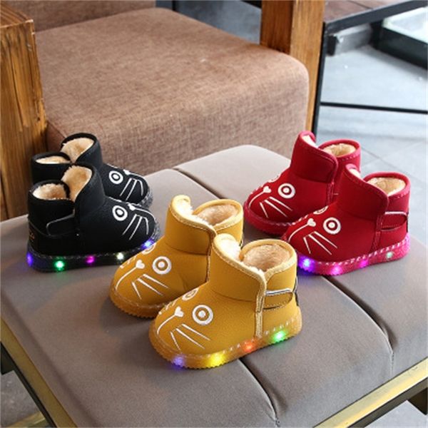 

kids pu boots shoes children baby led light up luminous sneakers winter warm snow hook&loop boot, Black